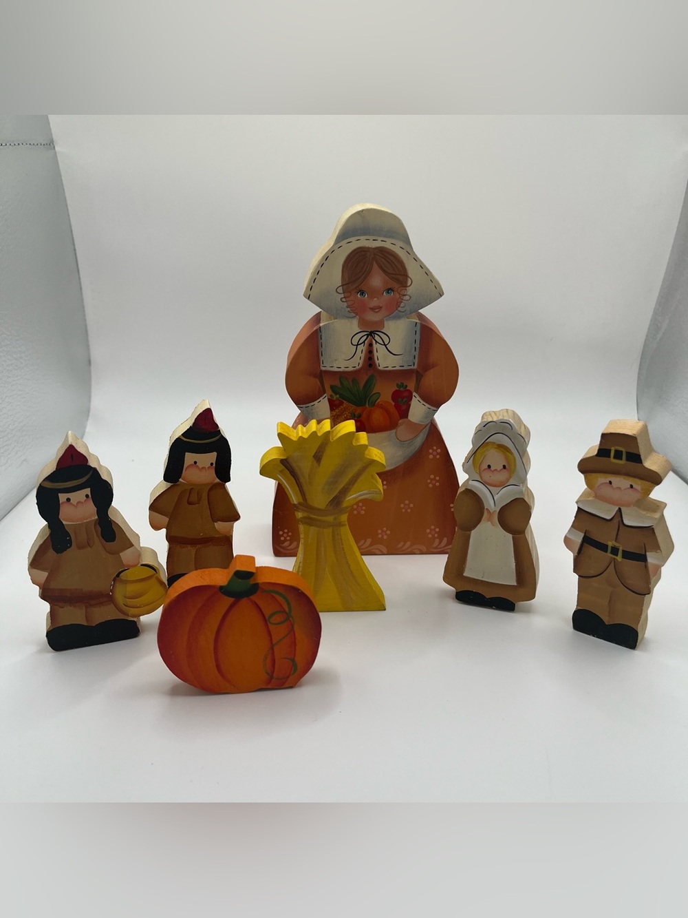 Vintage Hand Painted Folk Art Wooden Thanksgiving Pilgrims Decor - Bundle of 7